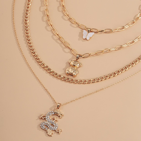NEW | Layered Bear Dragon Butterfly Chain Necklace - Picture 4 of 5